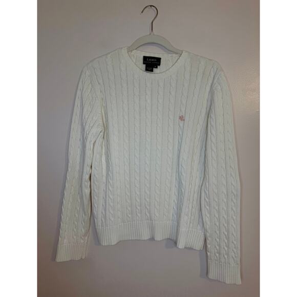 Ralph Lauren Womens White Cable Knit Preppy Crew Sweater Pink Embroidery Medium - Picture 1 of 8